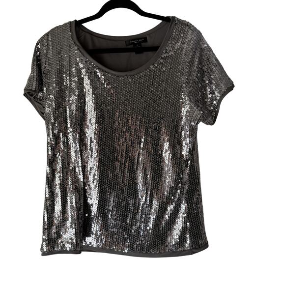 August Silk Shirt Vintage 90s 1X Gray Silver Sequin Party Top Swifty Disco - Picture 1 of 7